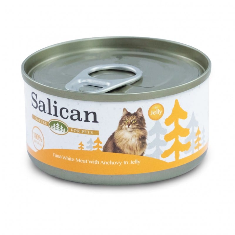 SALICAN 經典吞拿魚系列 吞拿魚 鯷魚 TUNA WHITE MEAT WITH ANCHOVY IN JELLY 主食罐 橙 85G